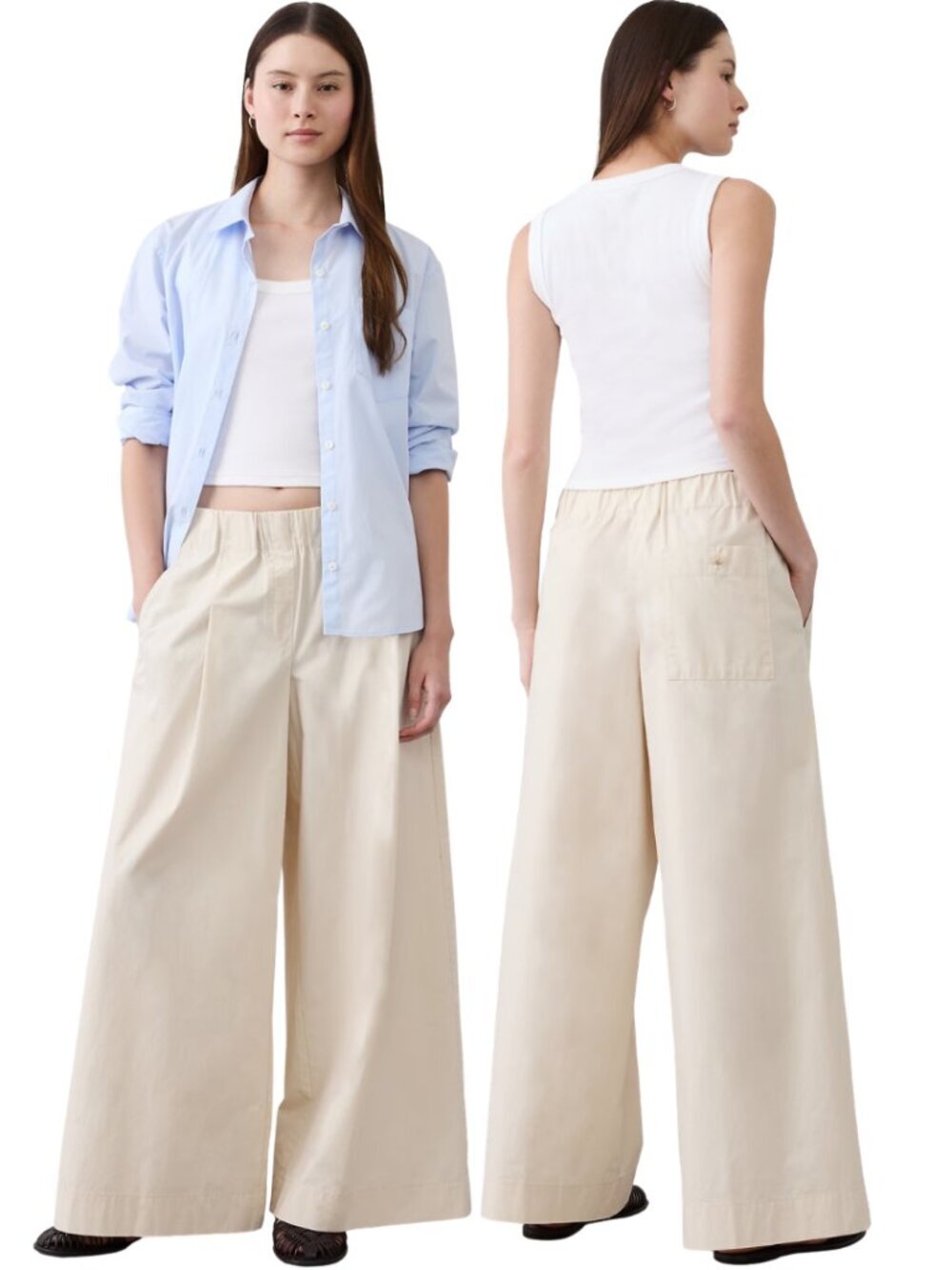 Banana Republic Mid-Rise Poplin Pull-On Pant Women's Large Tall Beige Wide Leg